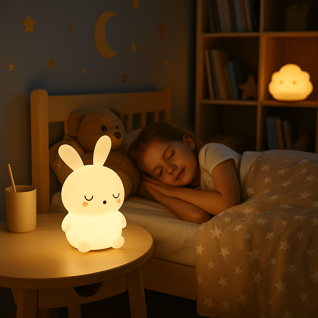 lampe de chevet en forme de lapin allumée, créant une ambiance apaisante pour le sommeil.