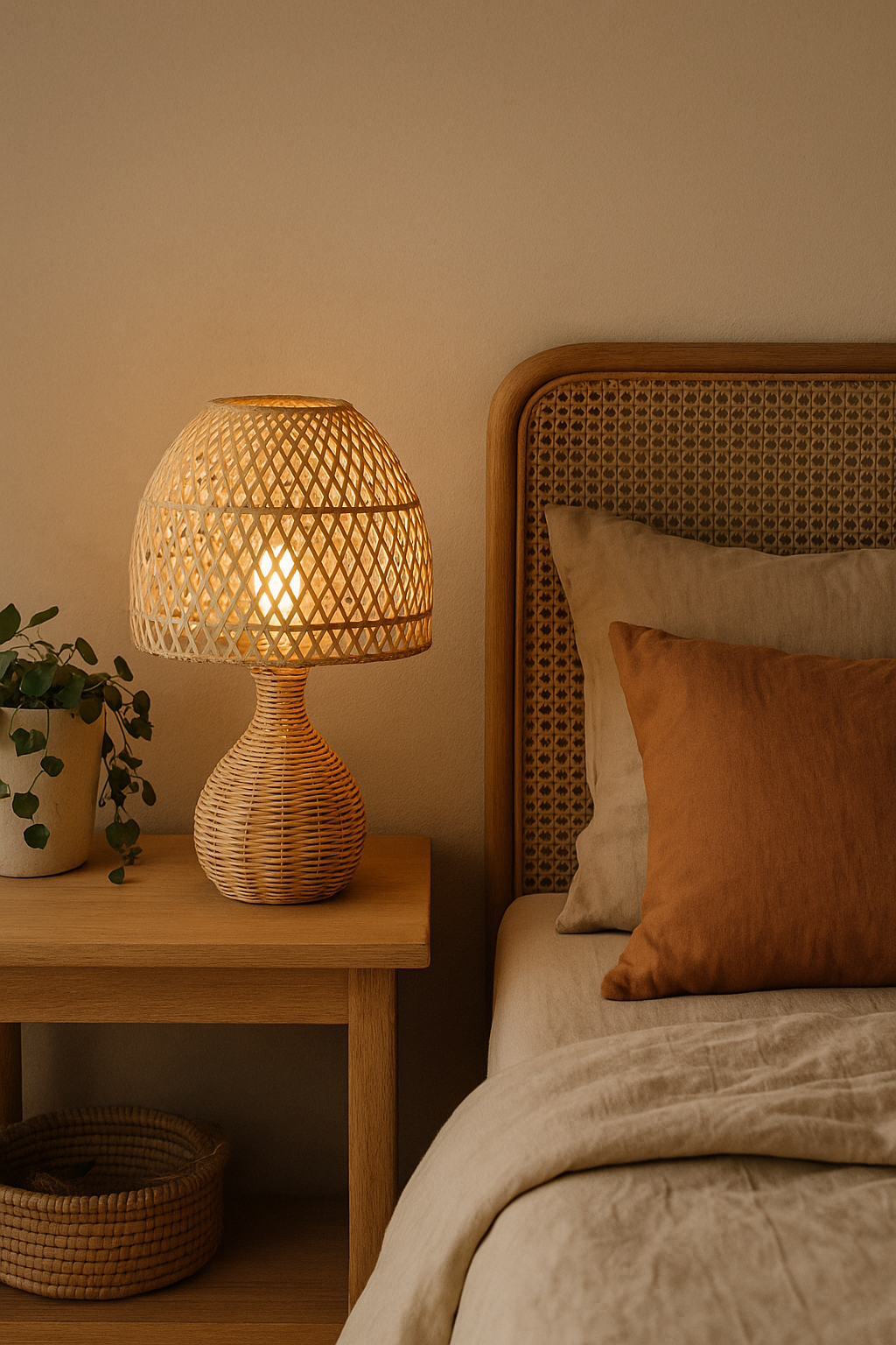 Lampe de chevet en rotin allumée sur une table en bois clair, dans une chambre au style bohème chic avec tons naturels, coussins terracotta et plante verte.