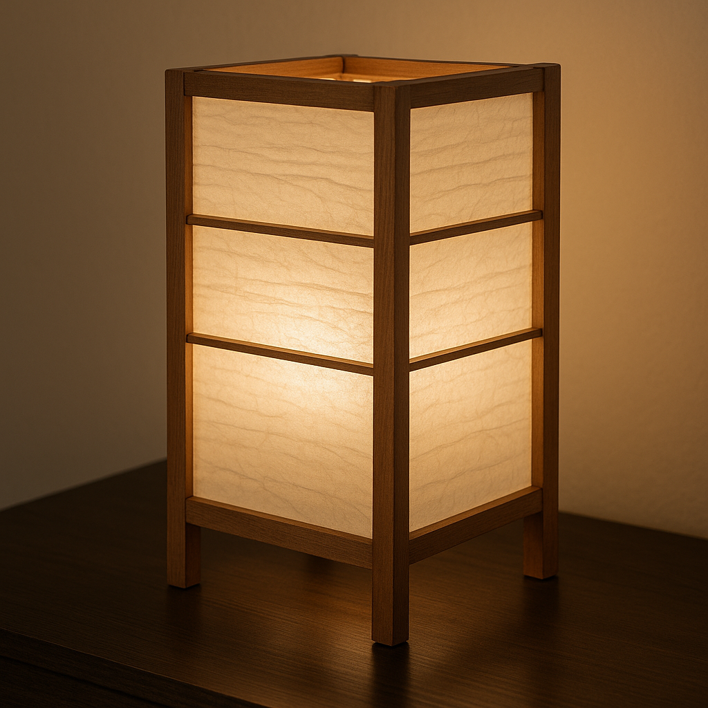 Lampe de chevet japonaise en papier washi avec structure en bois – ambiance zen et design traditionnel.