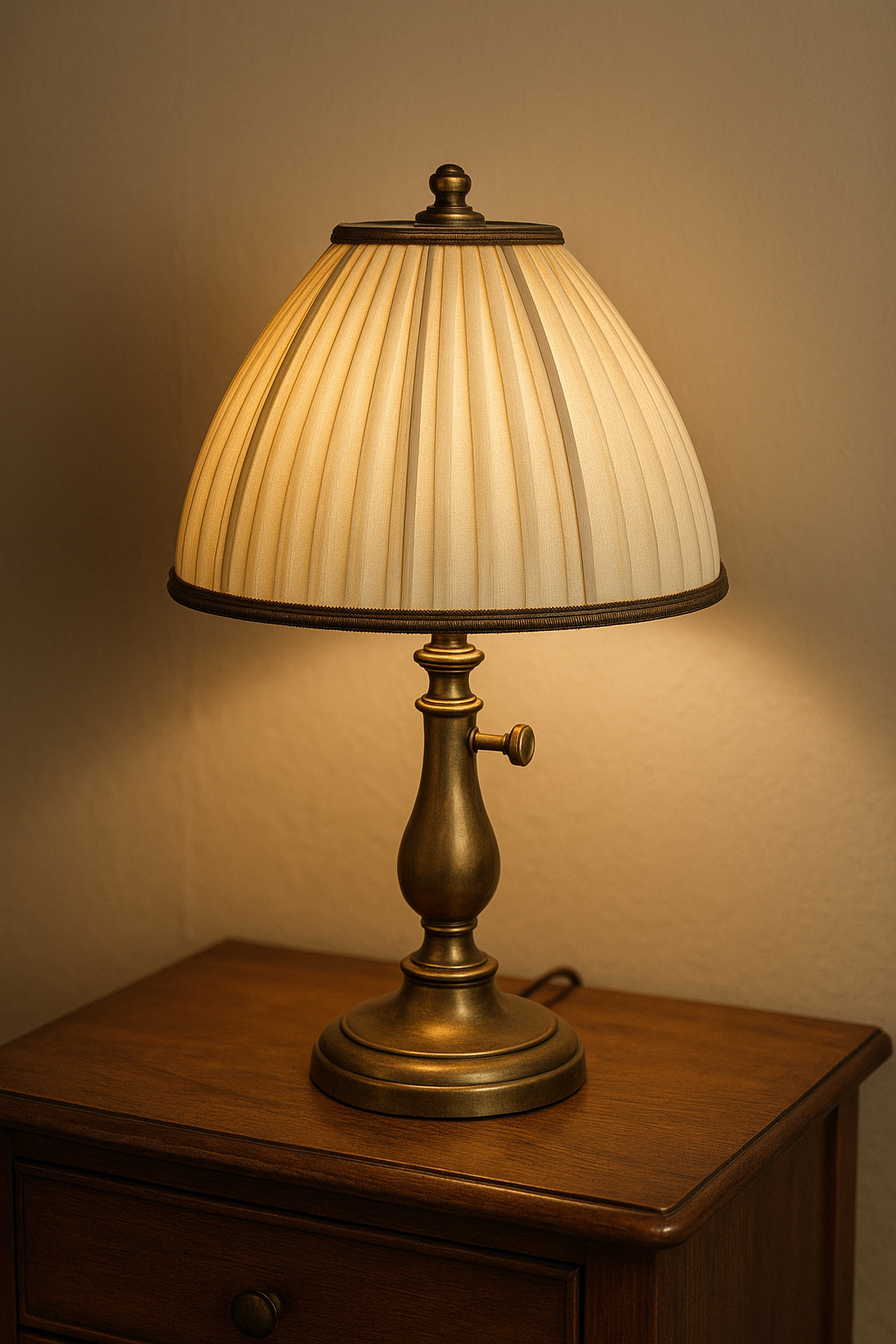 Lampe de chevet rétro vintage en laiton sur table bois – éclairage décoratif chambre.