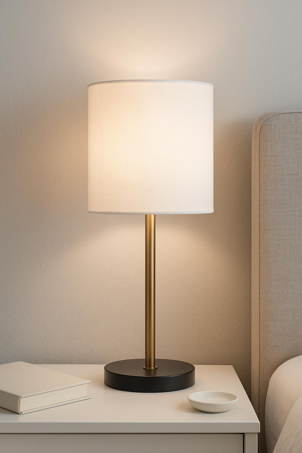 Lampe de chevet moderne noire au design épuré, posée sur une table en bois clair dans un intérieur contemporain.
