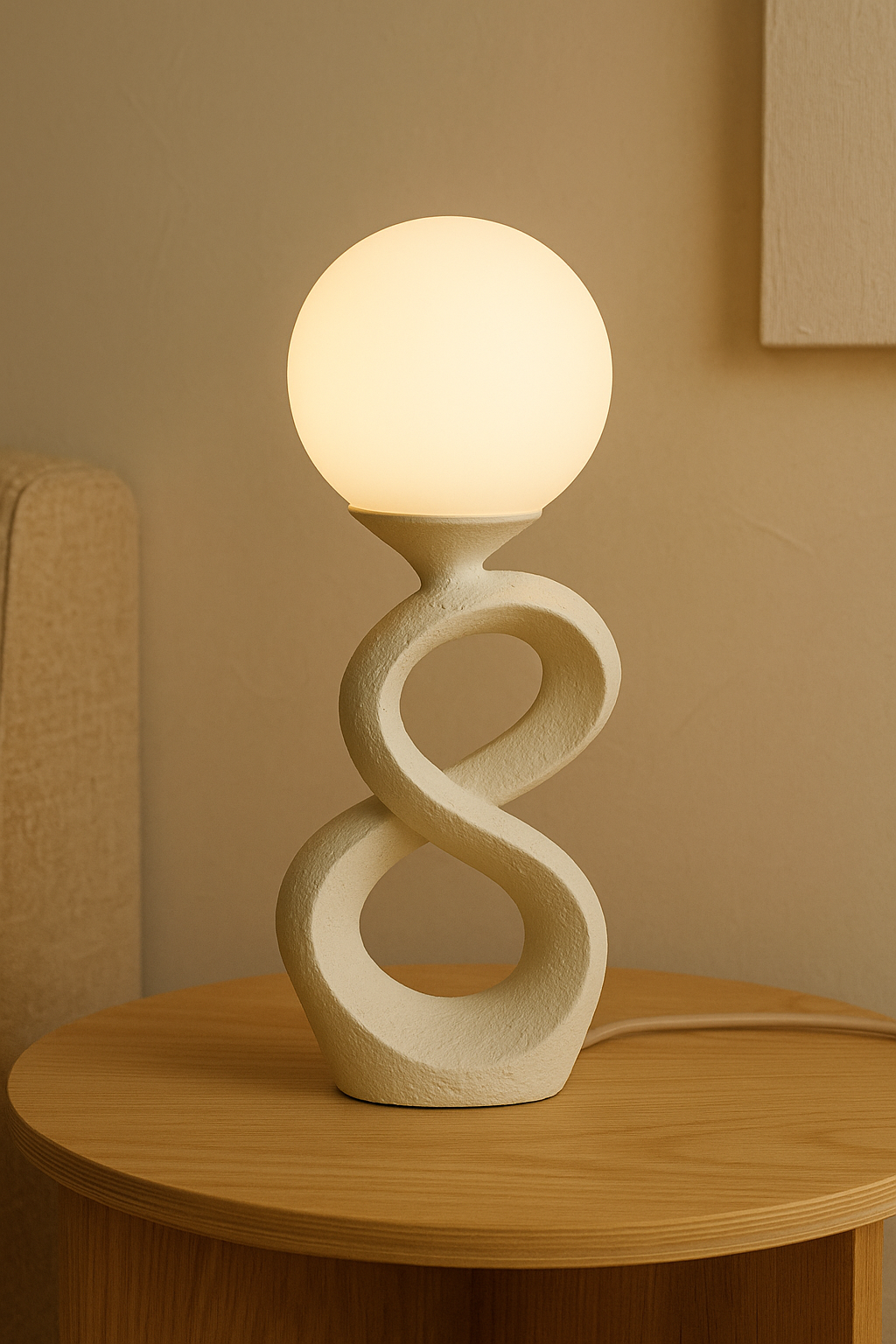Lampe de chevet au design original en forme sculpturale sur une table en bois clair