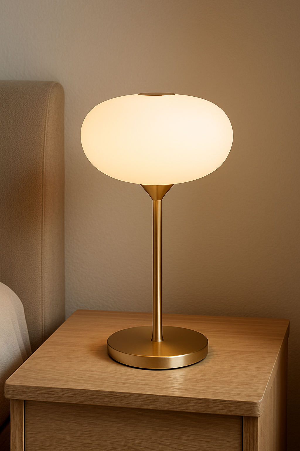 Lampe de chevet design moderne posée sur une table, avec un éclairage doux et un style épuré adapté à une décoration contemporaine.