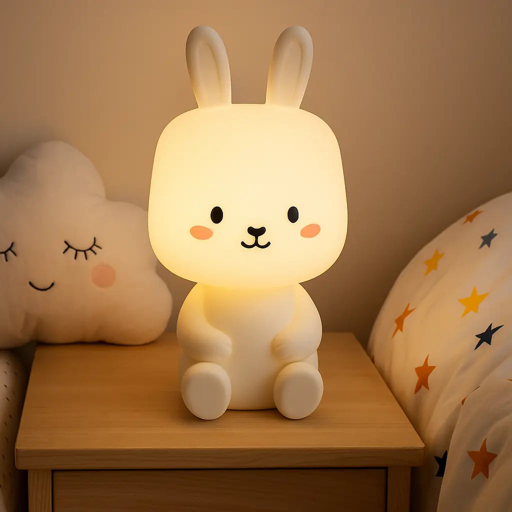 Lampe de chevet pour enfant en forme de lapin, diffusant une lumière douce et rassurante dans une chambre d’enfant au style ludique.