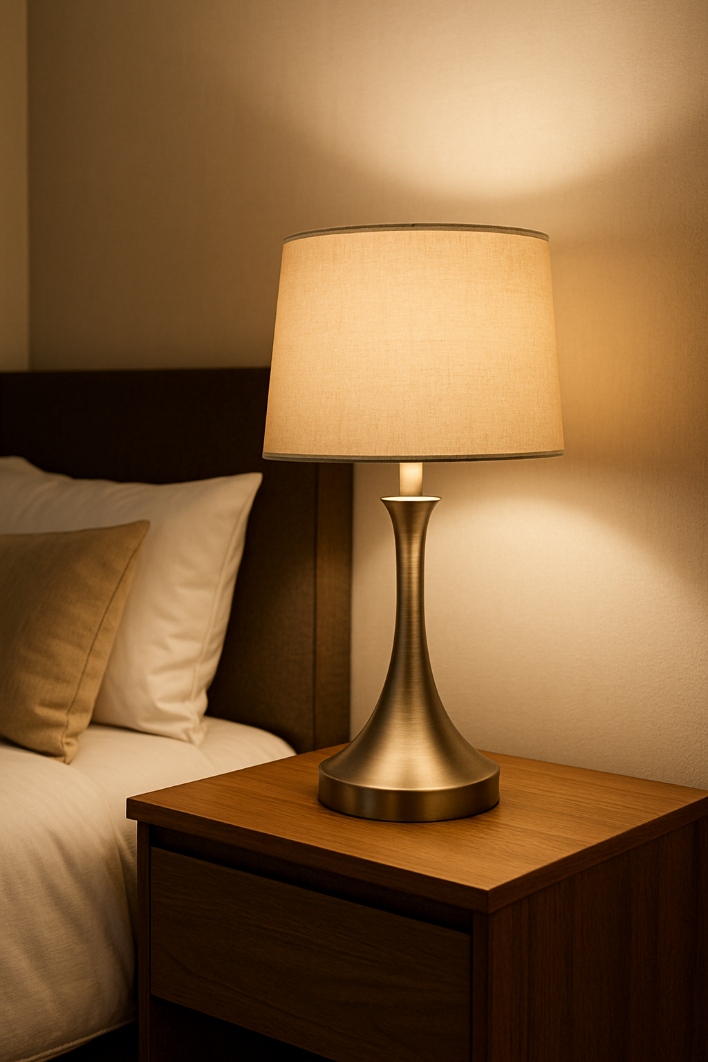 Lampe de chevet élégante avec abat-jour en tissu beige, posée sur une table en bois dans une chambre adulte à l’ambiance chaleureuse.