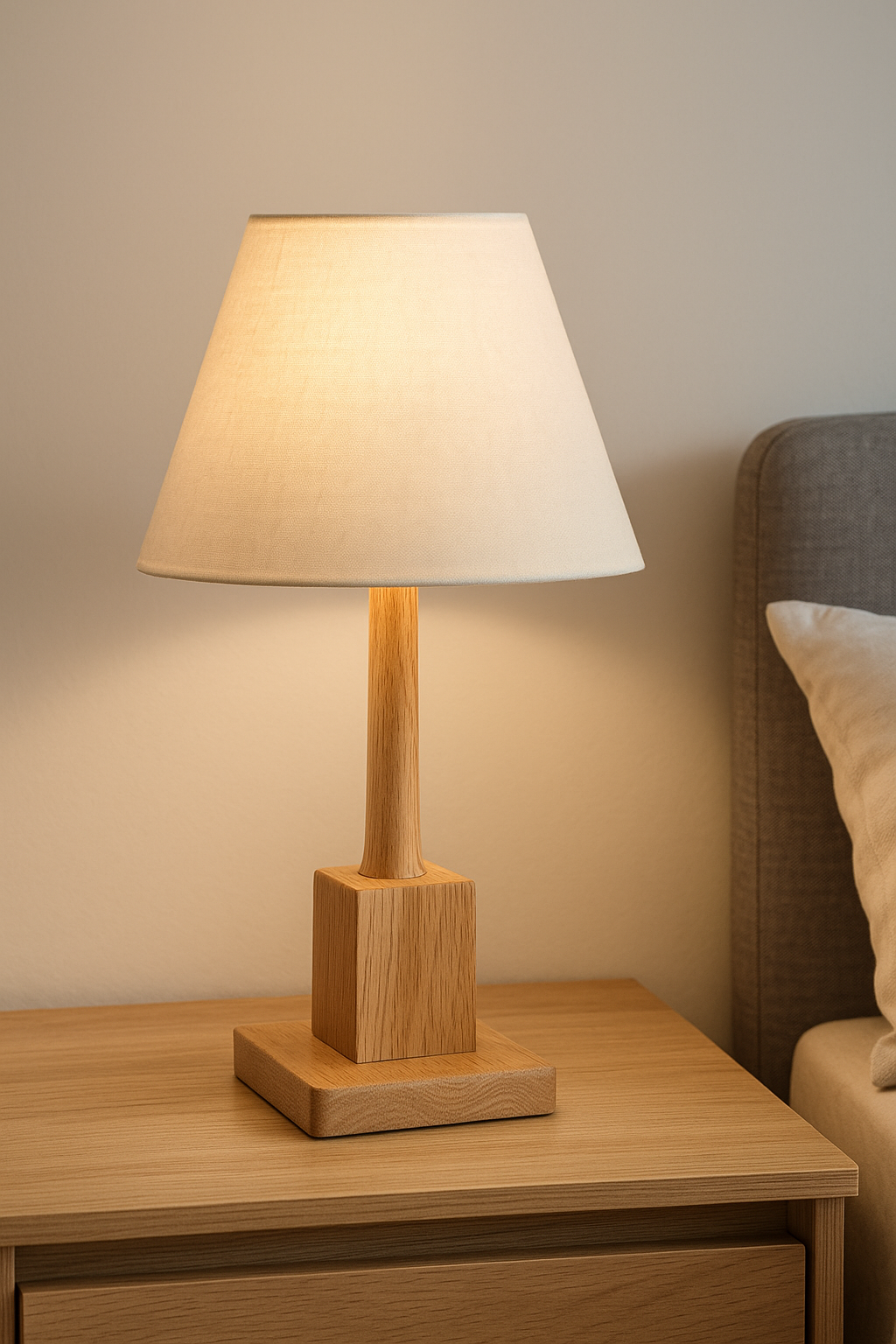 Lampe de chevet en bois naturel posée sur une table avec une lumière douce dans un intérieur cosy et minimaliste.