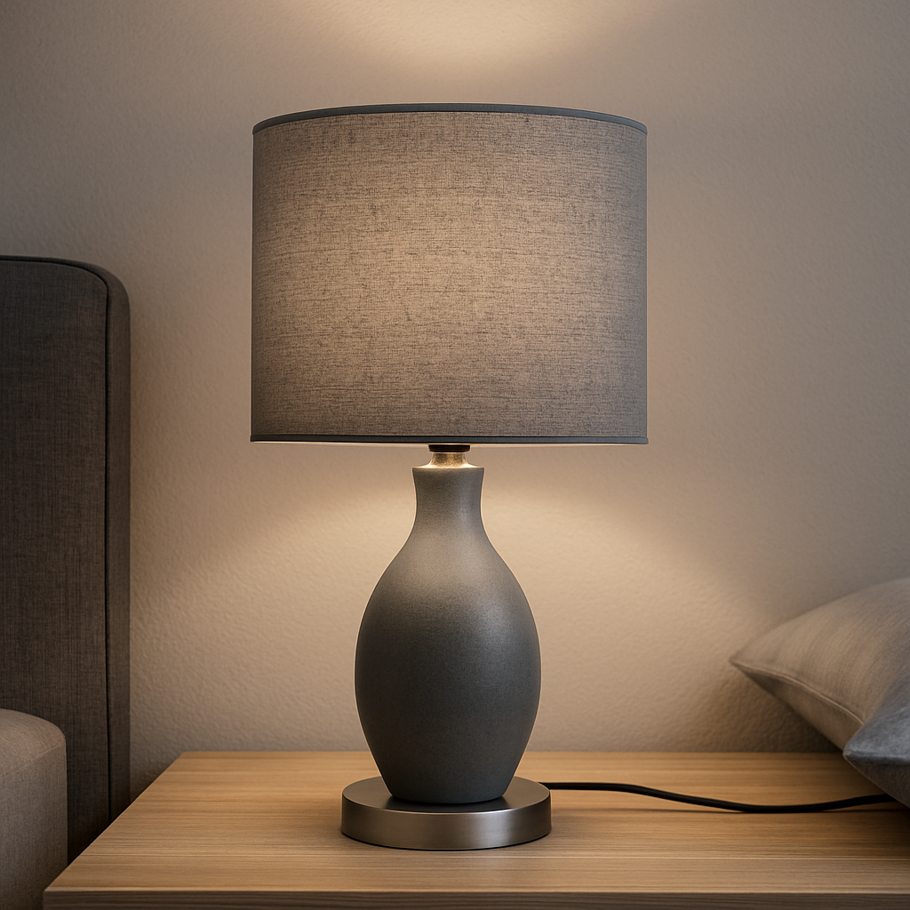 Lampe de chevet grise moderne avec abat-jour cylindrique sur une table en bois clair dans une chambre épurée.