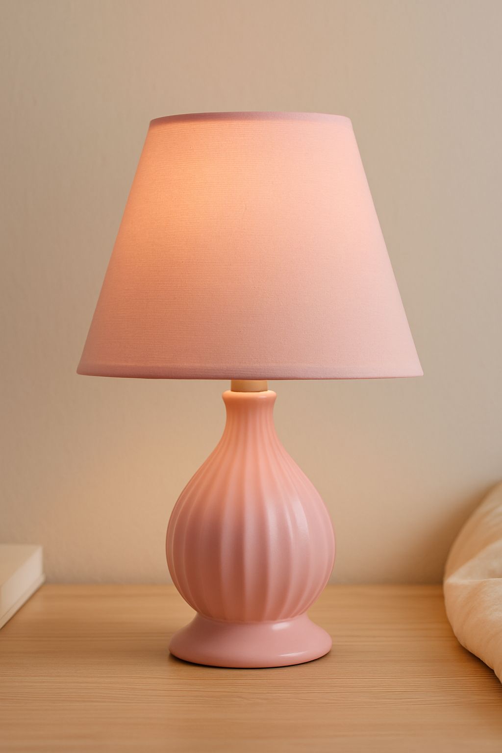 Lampe de chevet rose en céramique avec abat-jour géométrique, posée sur une table de nuit blanche dans une chambre à la décoration douce et féminine.
