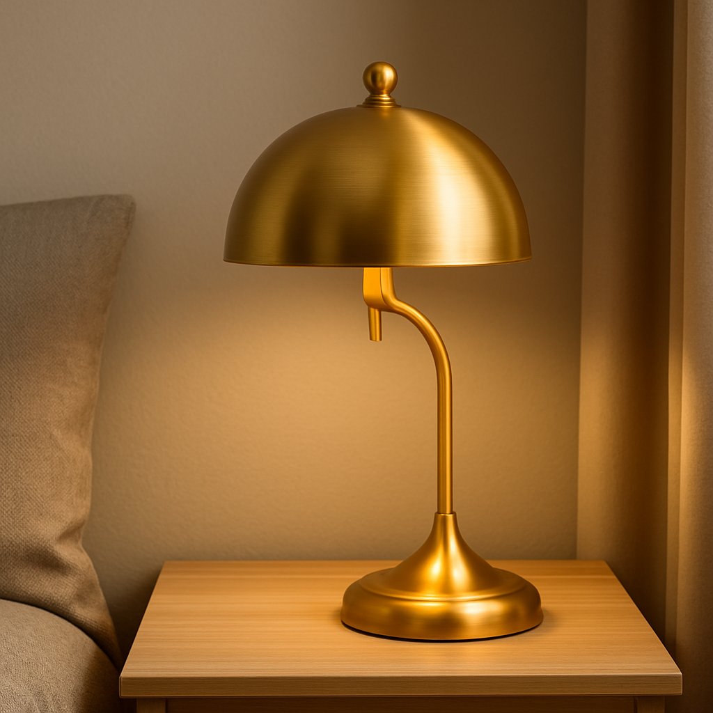 Lampe de chevet dorée élégante avec pied en métal brillant et abat-jour clair, posée dans une chambre chic et chaleureuse.