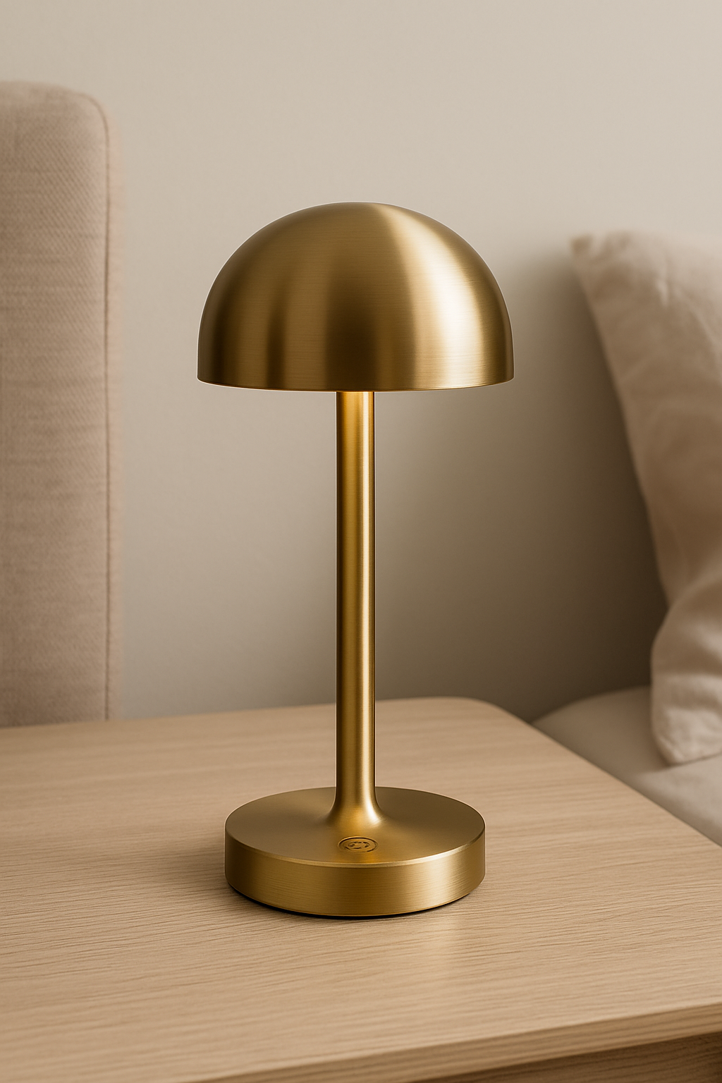 Lampe de chevet sans fil au design moderne posée sur une table en bois clair, éclairant une ambiance chaleureuse et épurée.