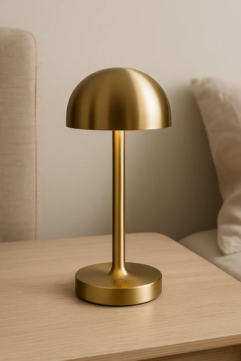 Lampe de chevet sans fil au design moderne posée sur une table en bois clair, éclairant une ambiance chaleureuse et épurée.