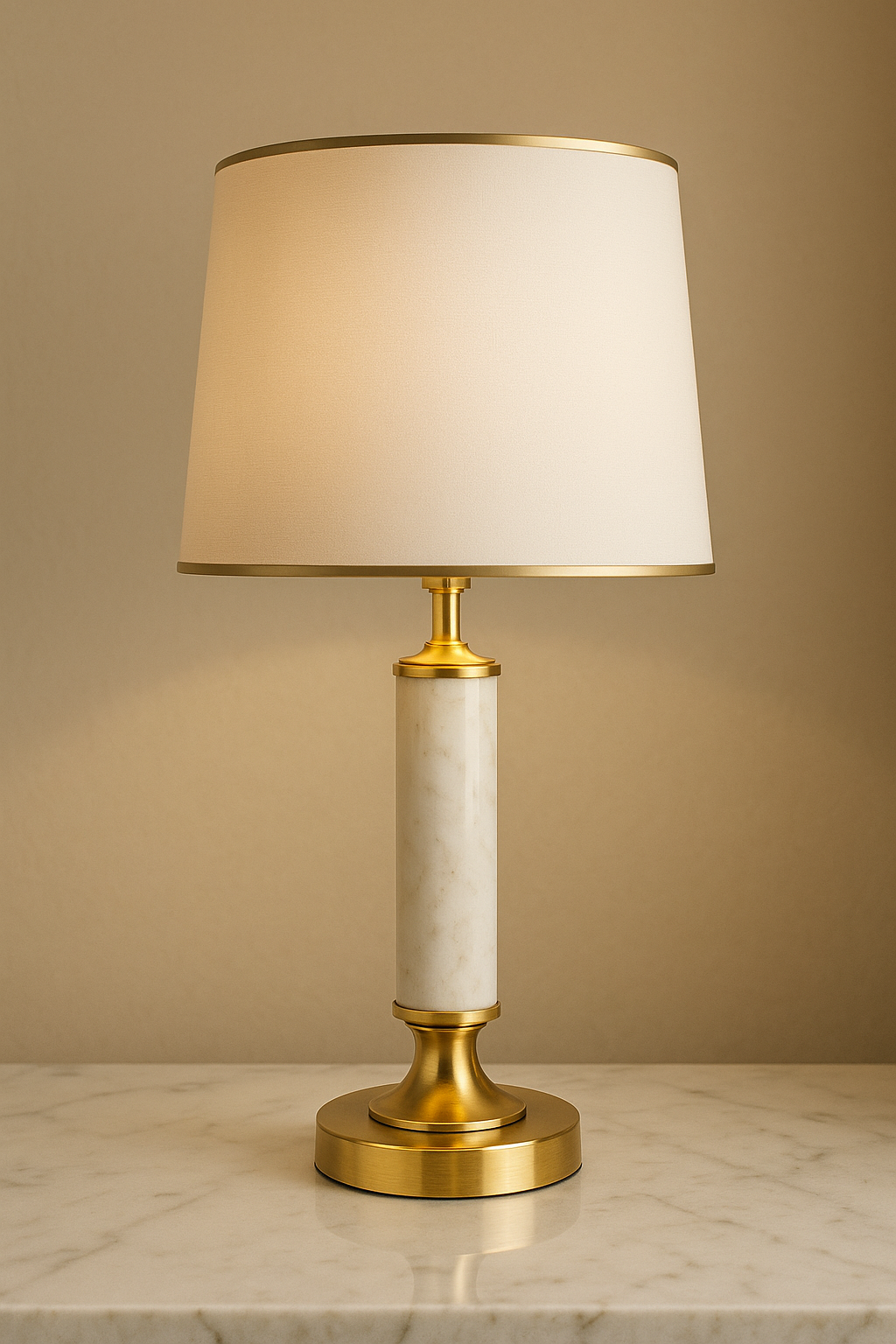Lampe de chevet luxe avec abat-jour doré et base en marbre, idéale pour une décoration intérieure haut de gamme et sophistiquée.