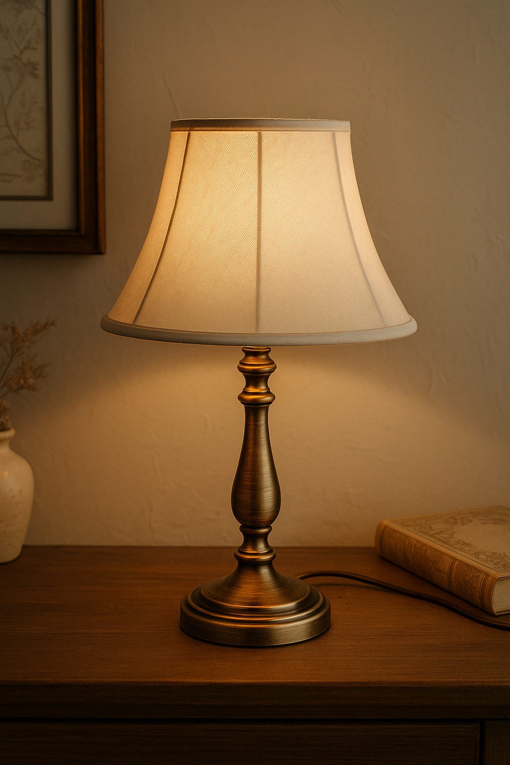 Lampe de chevet vintage en laiton avec abat-jour plissé, parfaite pour une ambiance rétro et chaleureuse dans une chambre ou un salon.