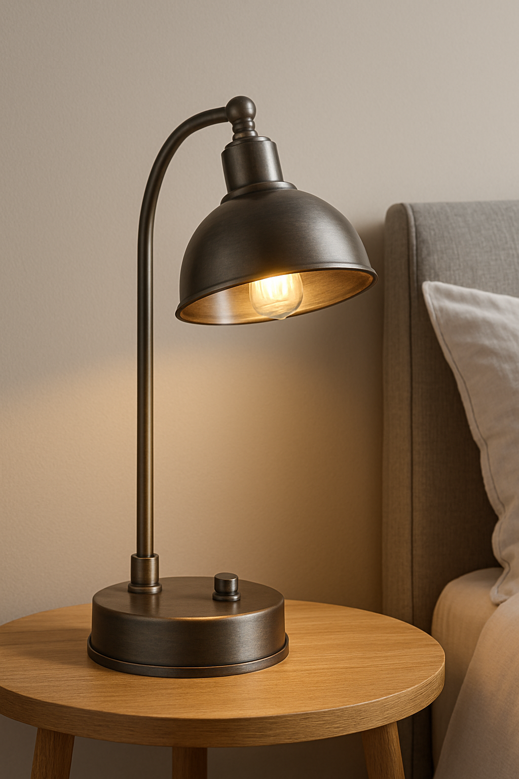 Lampe de chevet en métal design posée sur une table moderne, idéale pour un éclairage élégant et industriel dans une chambre contemporaine.
