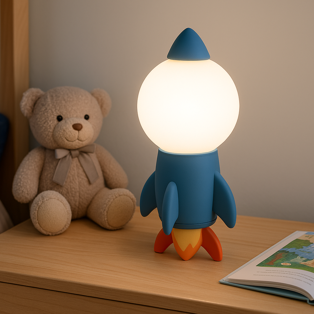 Lampe de chevet garçon en forme de fusée sur une table de nuit, idéale pour chambre d'enfant à thème spatial.