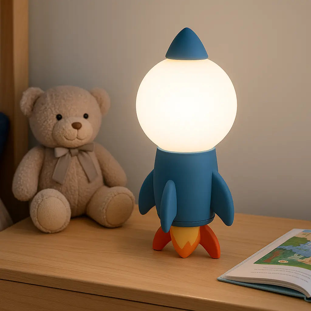 Lampe de chevet garçon en forme de fusée sur une table de nuit, idéale pour chambre d'enfant à thème spatial.