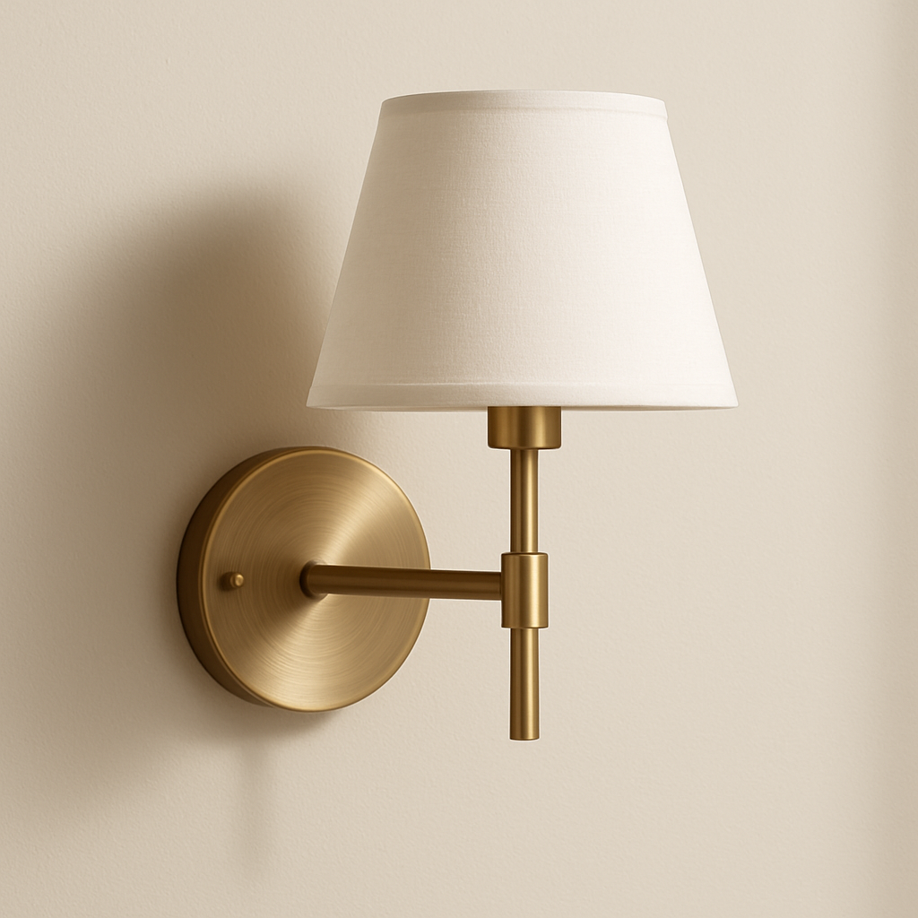 Lampe de chevet murale minimaliste en métal noir, fixée sur un mur beige, idéale pour une décoration moderne et un éclairage fonctionnel sans encombrement.