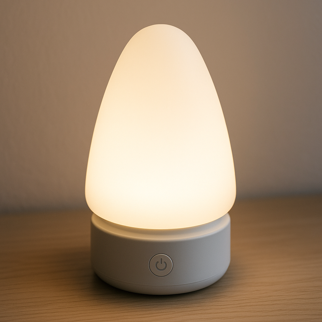 Lampe de chevet en silicone blanche posée sur une table en bois clair, diffusant une lumière chaude et douce idéale pour une ambiance apaisante.