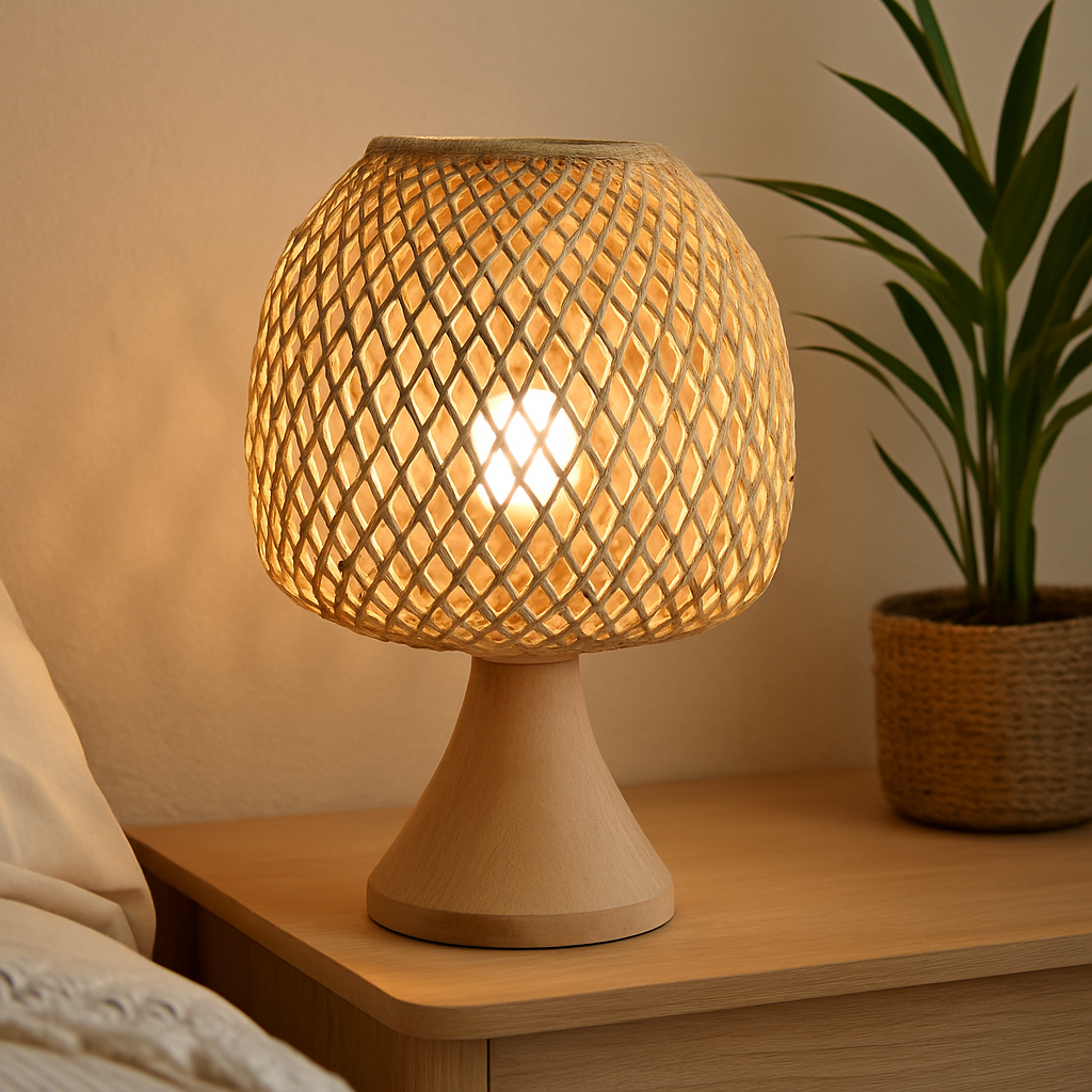 Lampe de chevet bohème en rotin tressé, idéale pour une décoration naturelle et chaleureuse dans une chambre au style bohème chic.