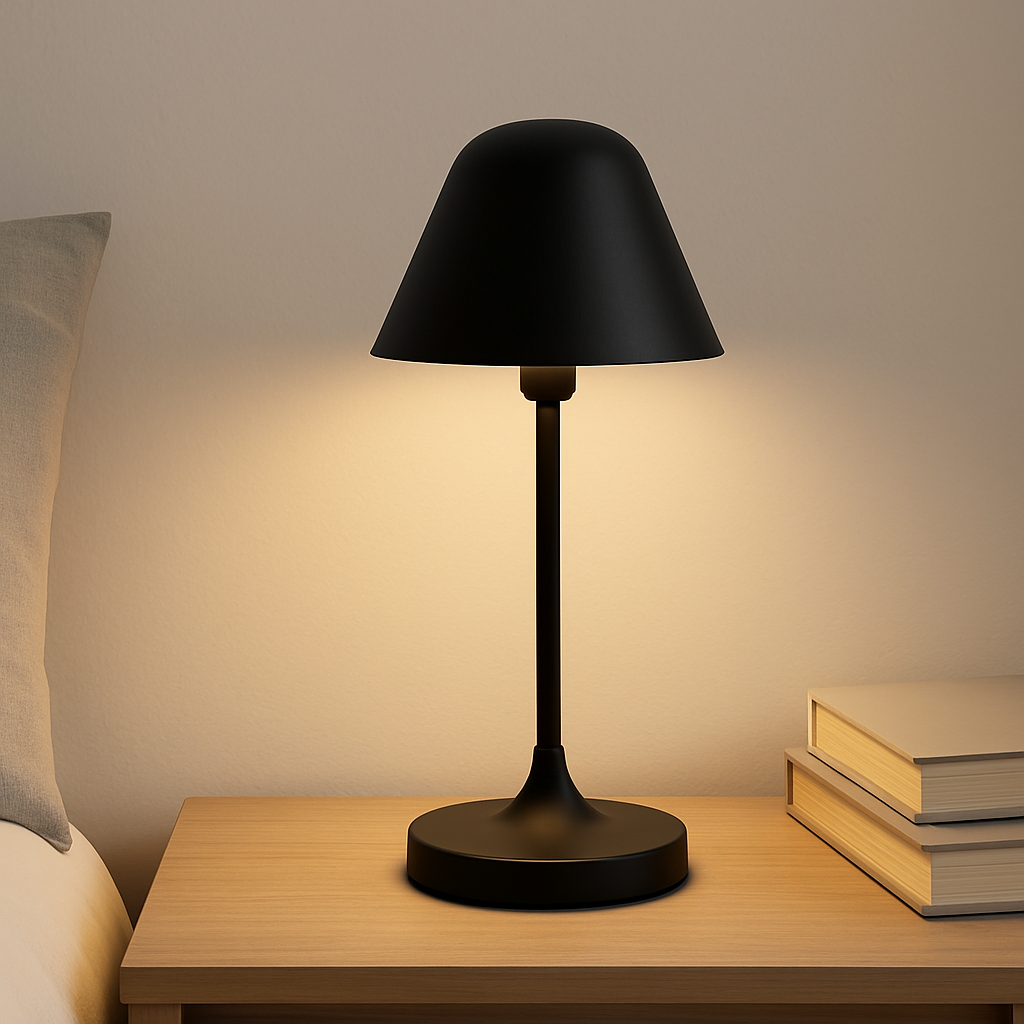 Lampe de chevet noire au design moderne, parfaite pour une décoration sobre et élégante dans une chambre contemporaine.