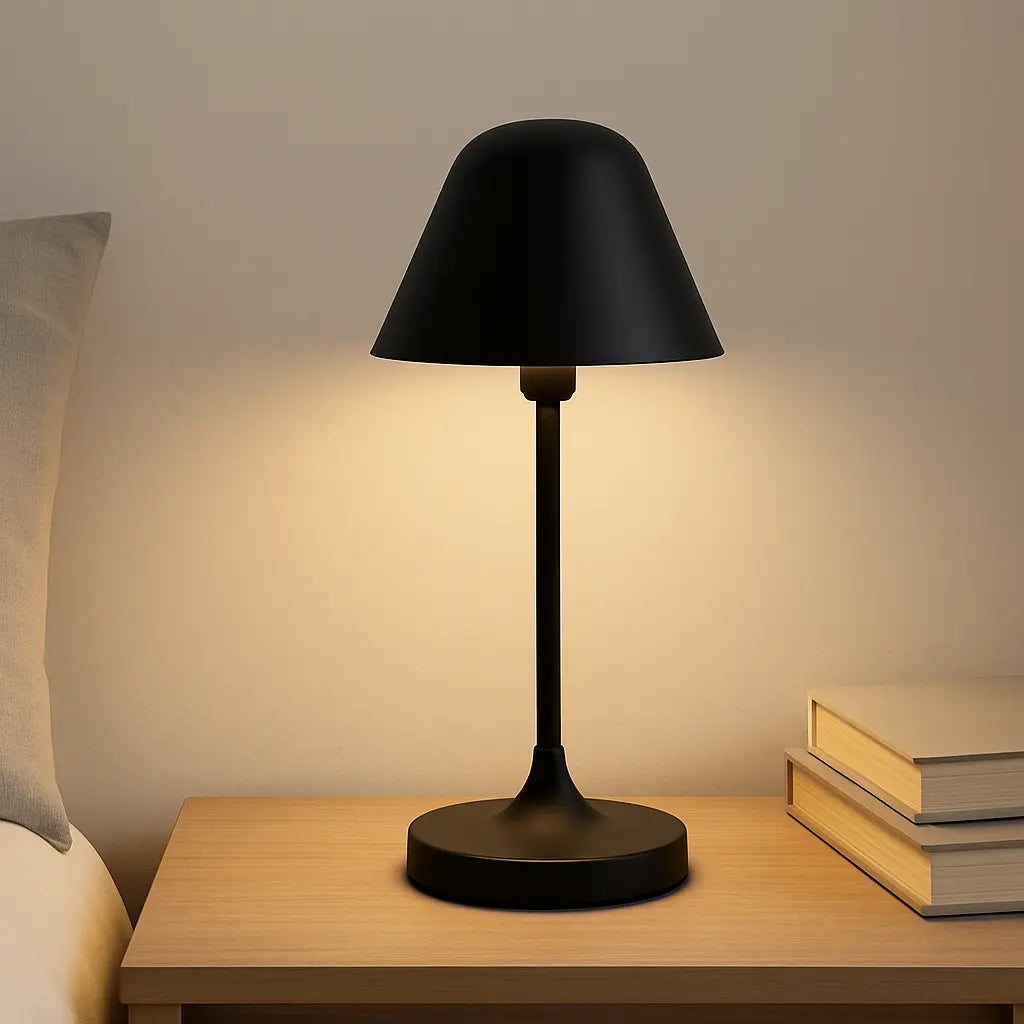 Lampe de chevet noire au design moderne, parfaite pour une décoration sobre et élégante dans une chambre contemporaine.