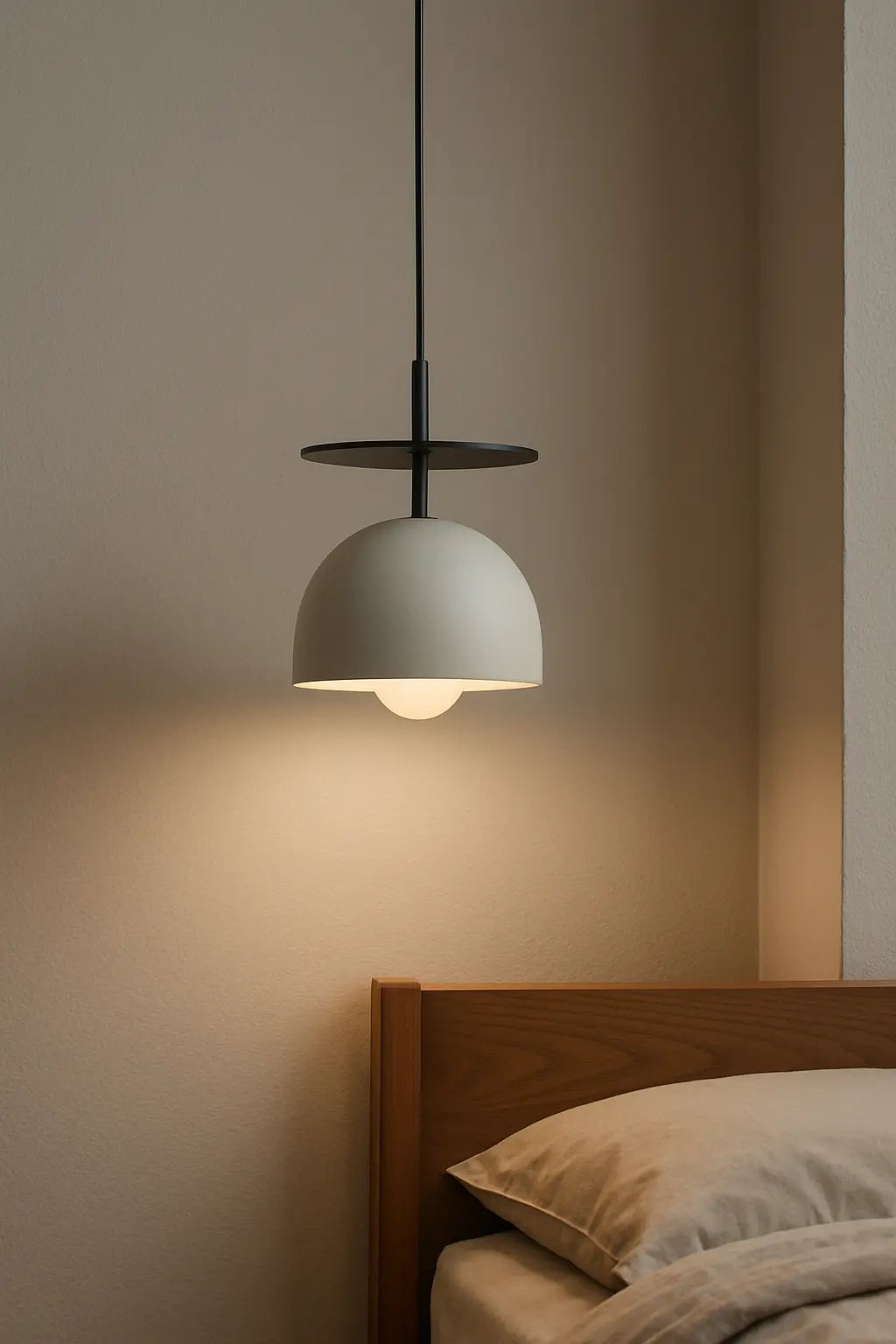 Lampe de chevet suspendue moderne au design épuré, idéale pour un éclairage aérien et élégant dans une chambre contemporaine.