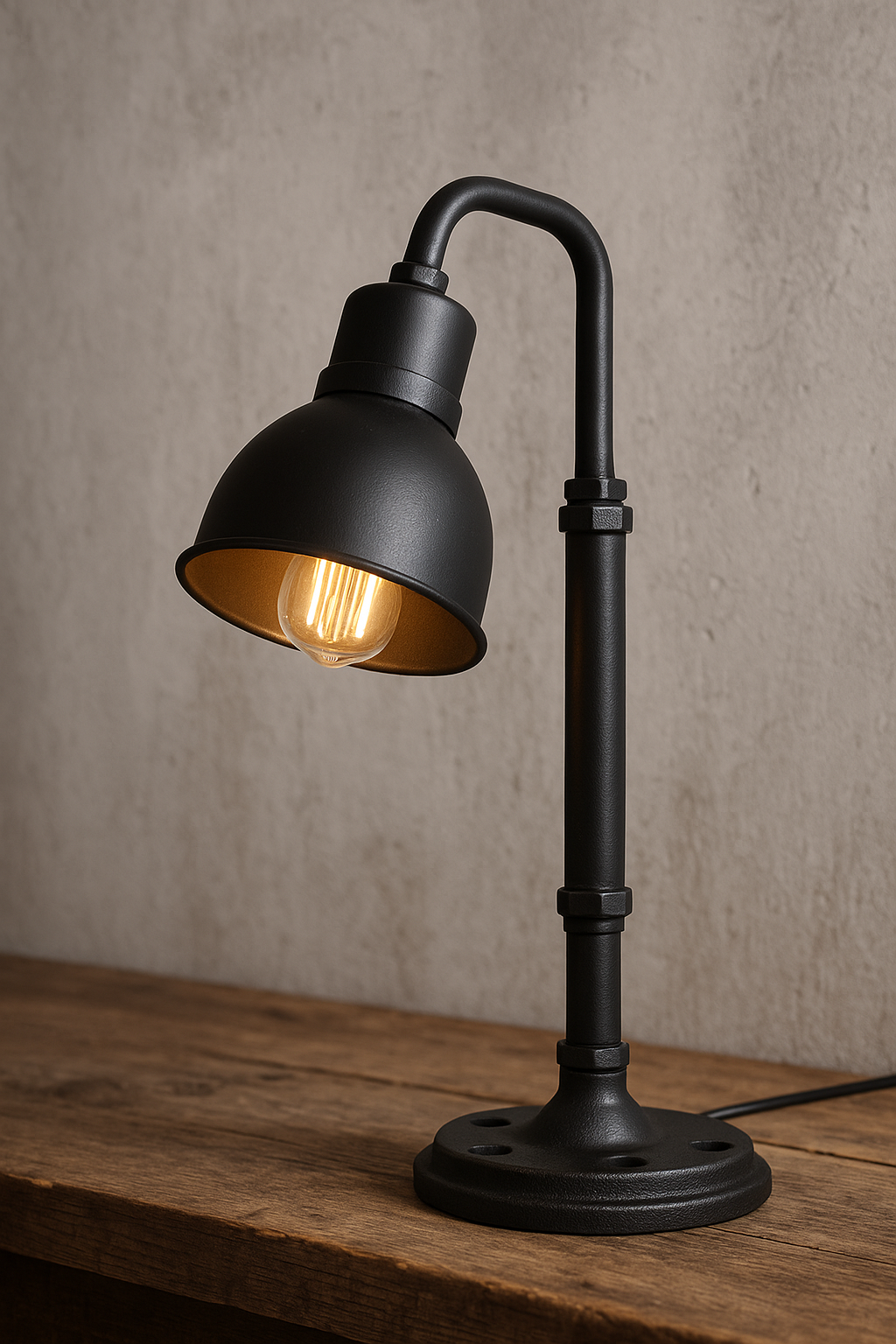 Lampe de chevet industrielle noire avec ampoule Edison sur une table en bois brut, idéale pour une décoration loft ou atelier.