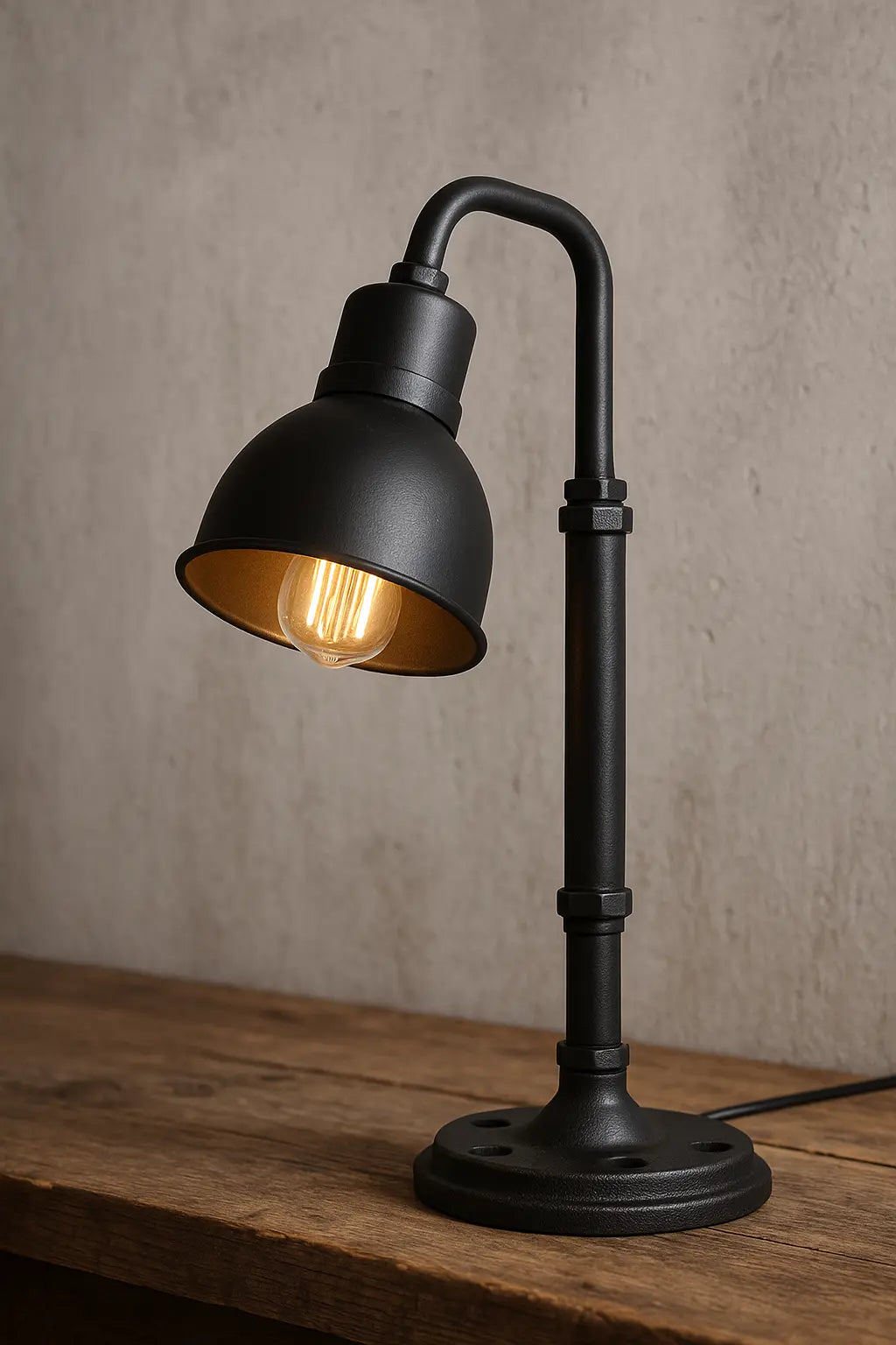 Lampe de chevet industrielle noire avec ampoule Edison sur une table en bois brut, idéale pour une décoration loft ou atelier.