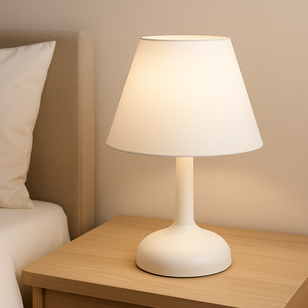 Lampe de chevet blanche minimaliste sur table en bois clair, idéale pour une chambre moderne et lumineuse.