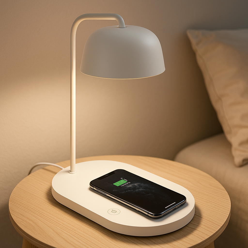Lampe de chevet moderne avec chargeur sans fil intégré, idéale pour les tables de nuit contemporaines, alliant design élégant et fonctionnalité pratique.