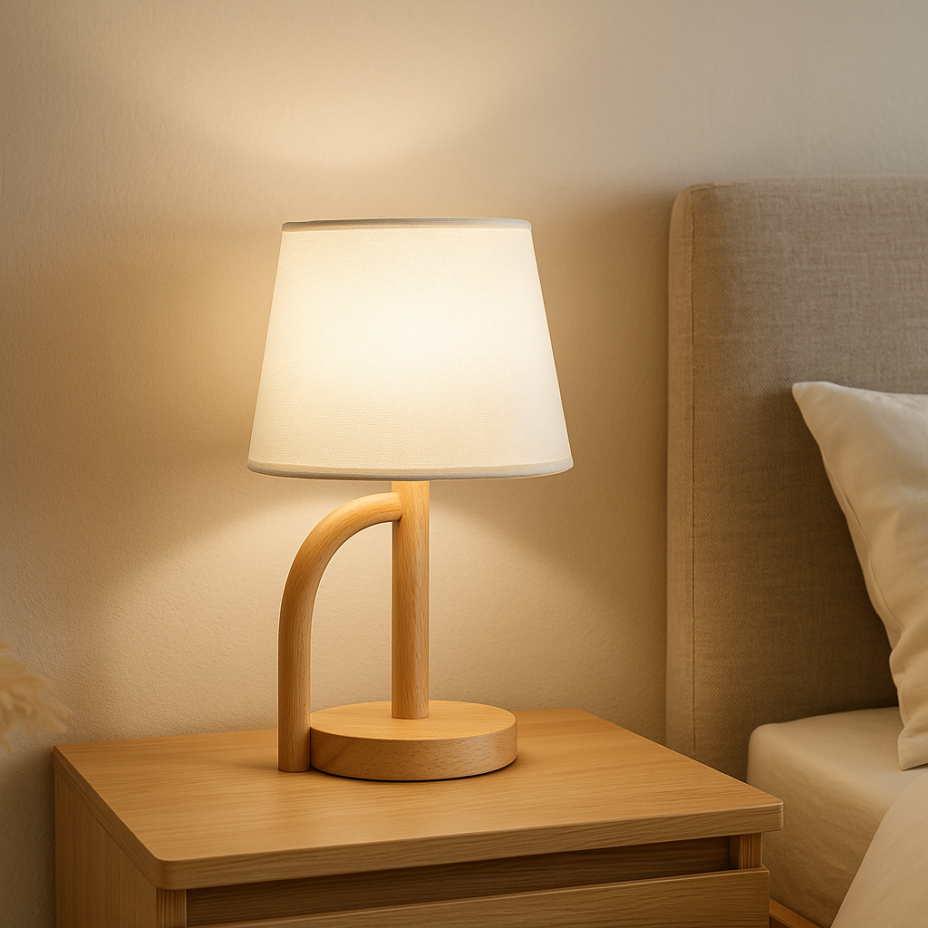 Lampe de chevet au style scandinave en bois clair, posée sur une table de chevet blanche, idéale pour une décoration minimaliste et chaleureuse.