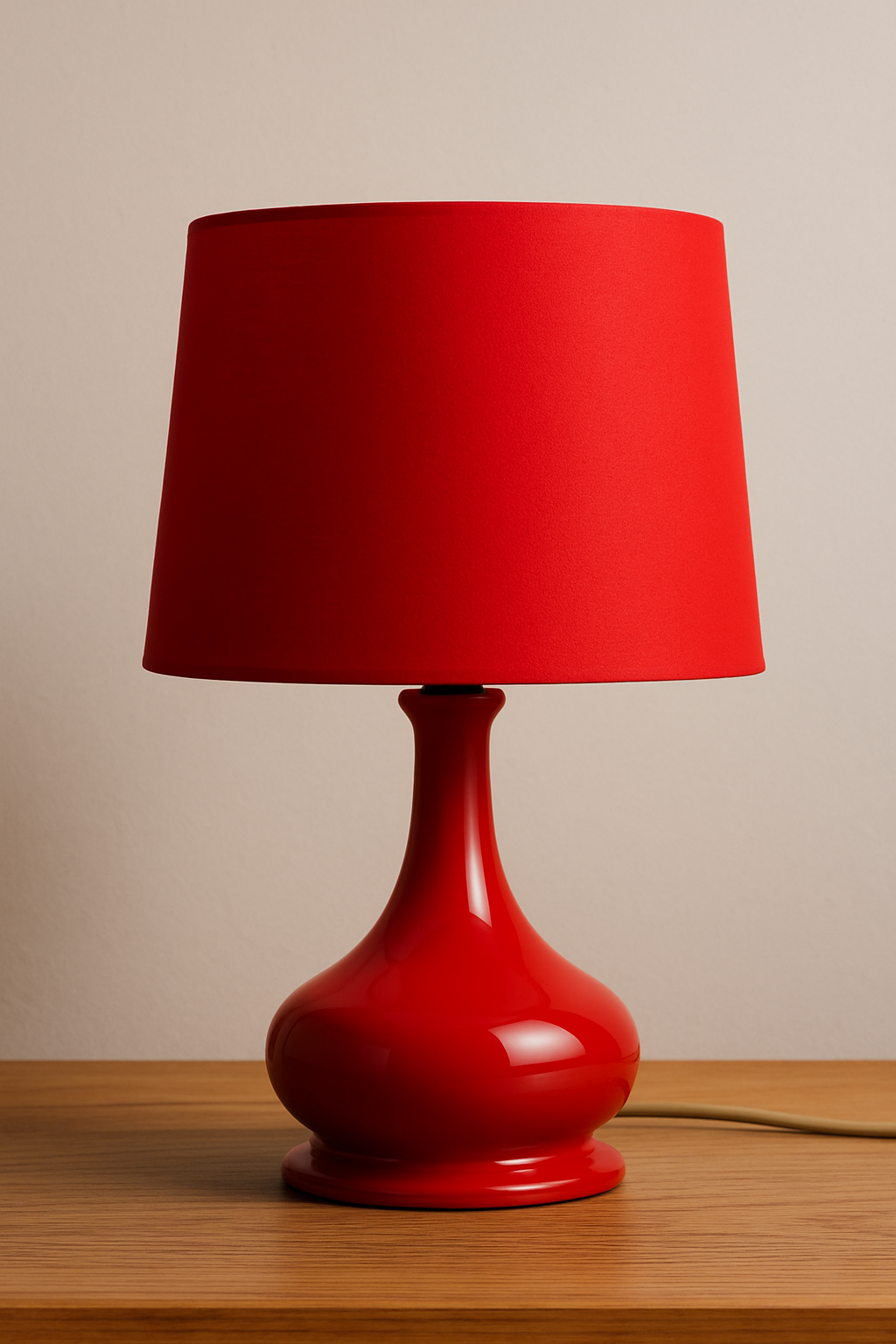 Lampe de chevet rouge design sur table en bois, idéale pour chambre moderne.