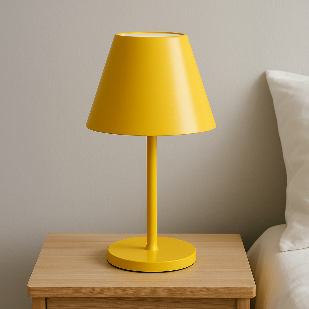 Lampe de chevet jaune moderne posée sur une table de nuit en bois clair, parfaite pour une chambre lumineuse et design.