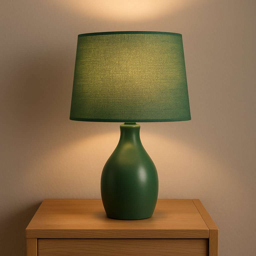 Lampe de chevet verte au design épuré, posée sur une table en bois clair dans un intérieur moderne et lumineux.