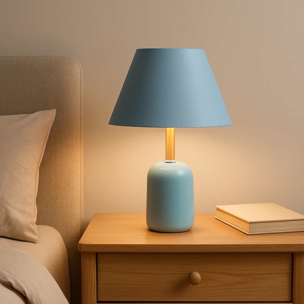 Lampe de chevet bleue moderne posée sur une table de nuit en bois clair, idéale pour une décoration intérieure apaisante et contemporaine.