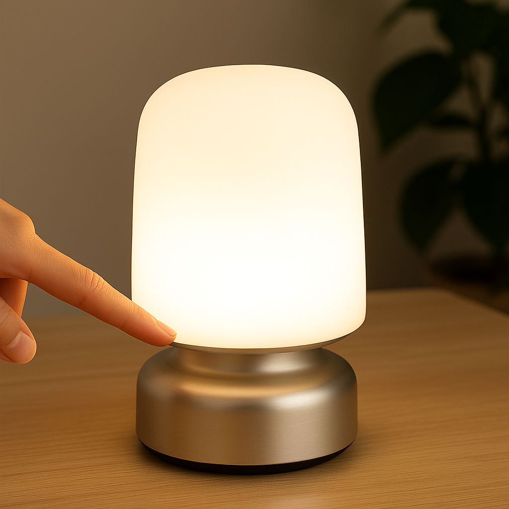 Lampe de chevet tactile moderne posée sur une table de nuit en bois clair, idéale pour une utilisation intuitive dans une chambre contemporaine.