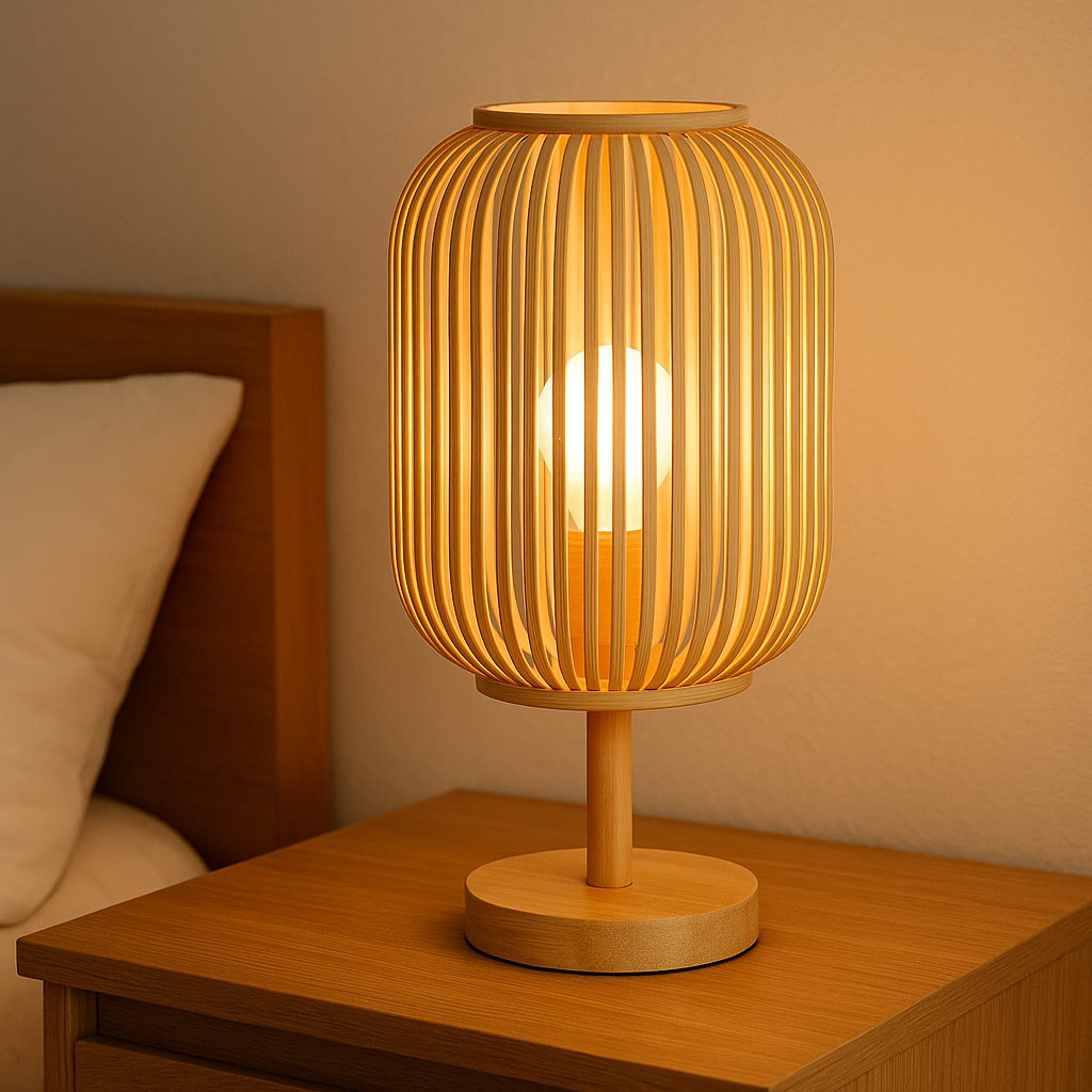 Photographie d’une lampe de chevet en bambou sur une table en bois, parfaite pour une décoration naturelle et écoresponsable.