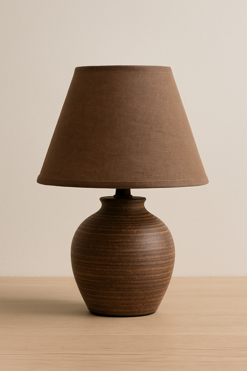 lampe de chevet marron en céramique texturée avec abat-jour assorti, posée sur une table en bois clair, idéale pour une ambiance chaleureuse et naturelle.