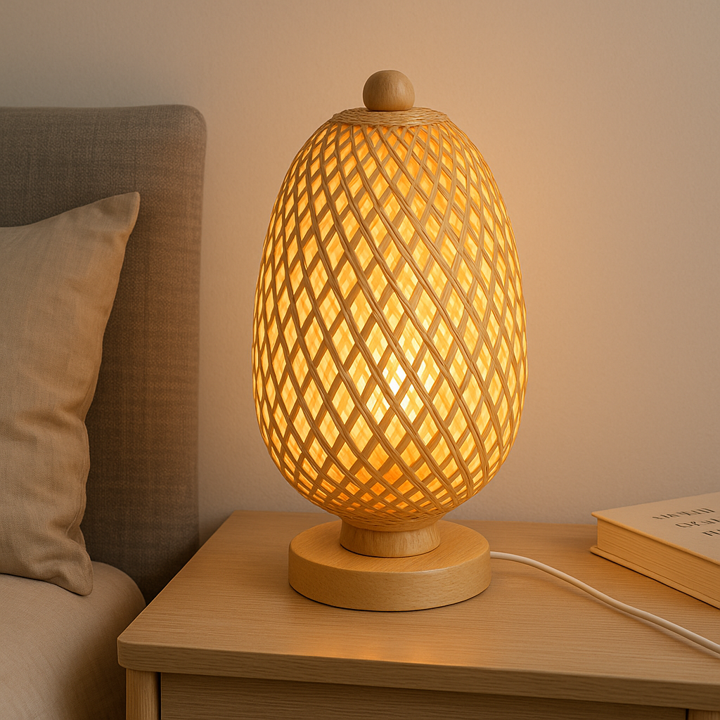 Lampe de chevet en rotin tressé posée sur une table de nuit en bois clair, parfaite pour une décoration naturelle et chaleureuse.