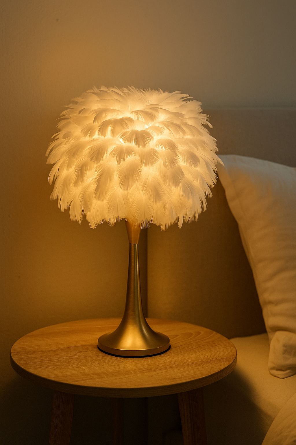 Lampe de chevet en plumes blanches posée sur une table de nuit, idéale pour une décoration douce et élégante dans une chambre moderne.