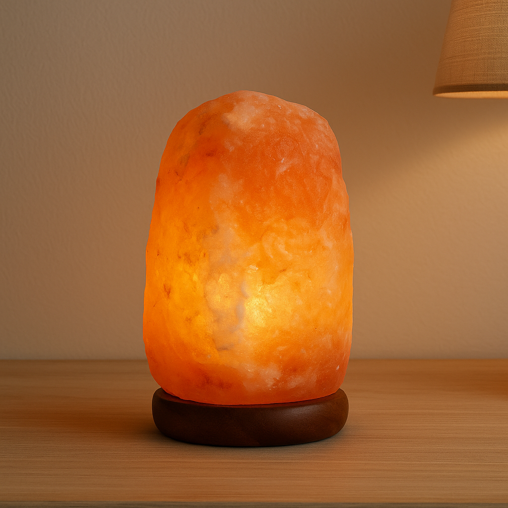 Lampe de chevet en cristal de sel rose de l’Himalaya diffusant une lumière douce et apaisante sur une table de nuit en bois clair.