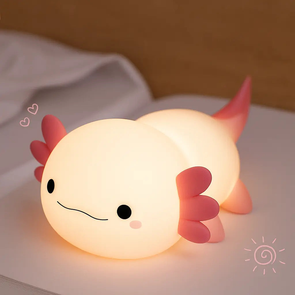 Veilleuse axolotl en silicone rose douce pour chambre d'enfant – lampe de chevet LED rechargeable 1200mAh