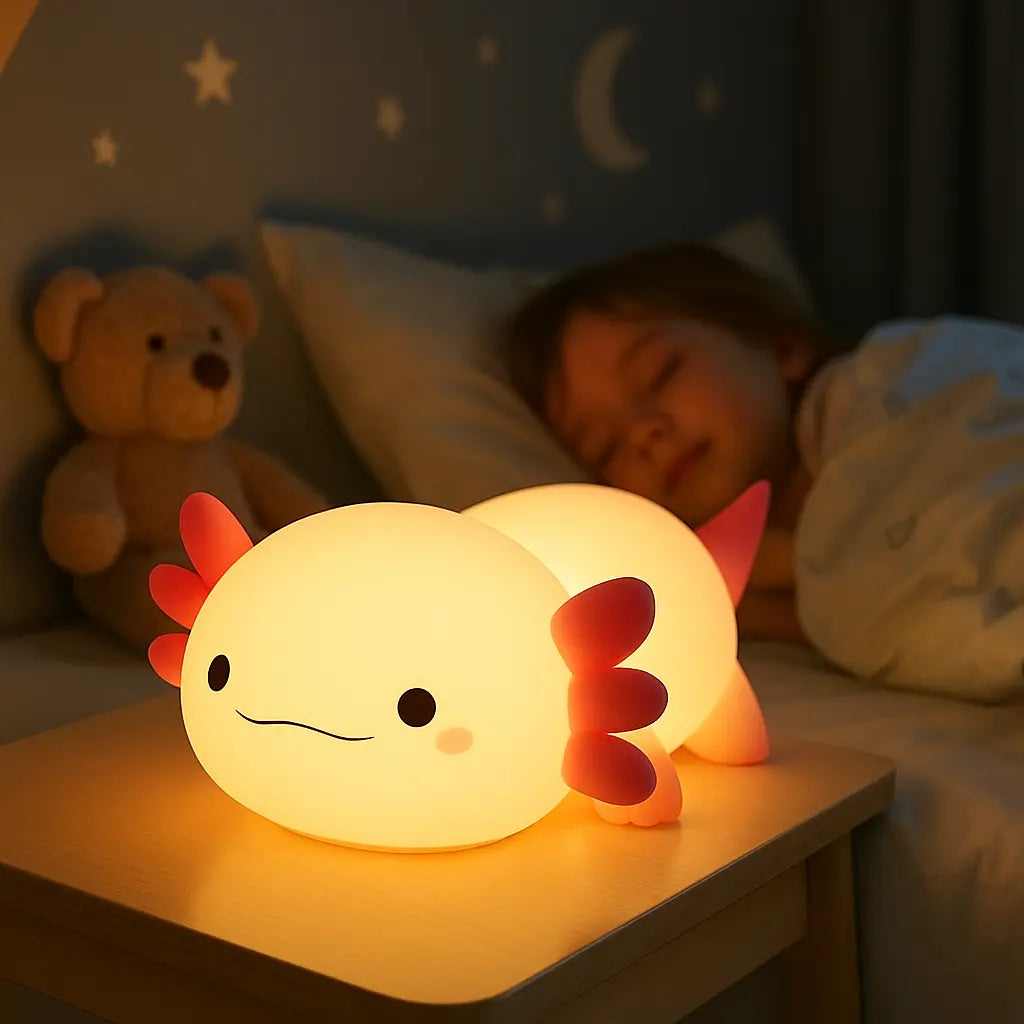 Veilleuse axolotl silicone allumée sur table de chevet dans chambre d’enfant avec décor nuit étoilée