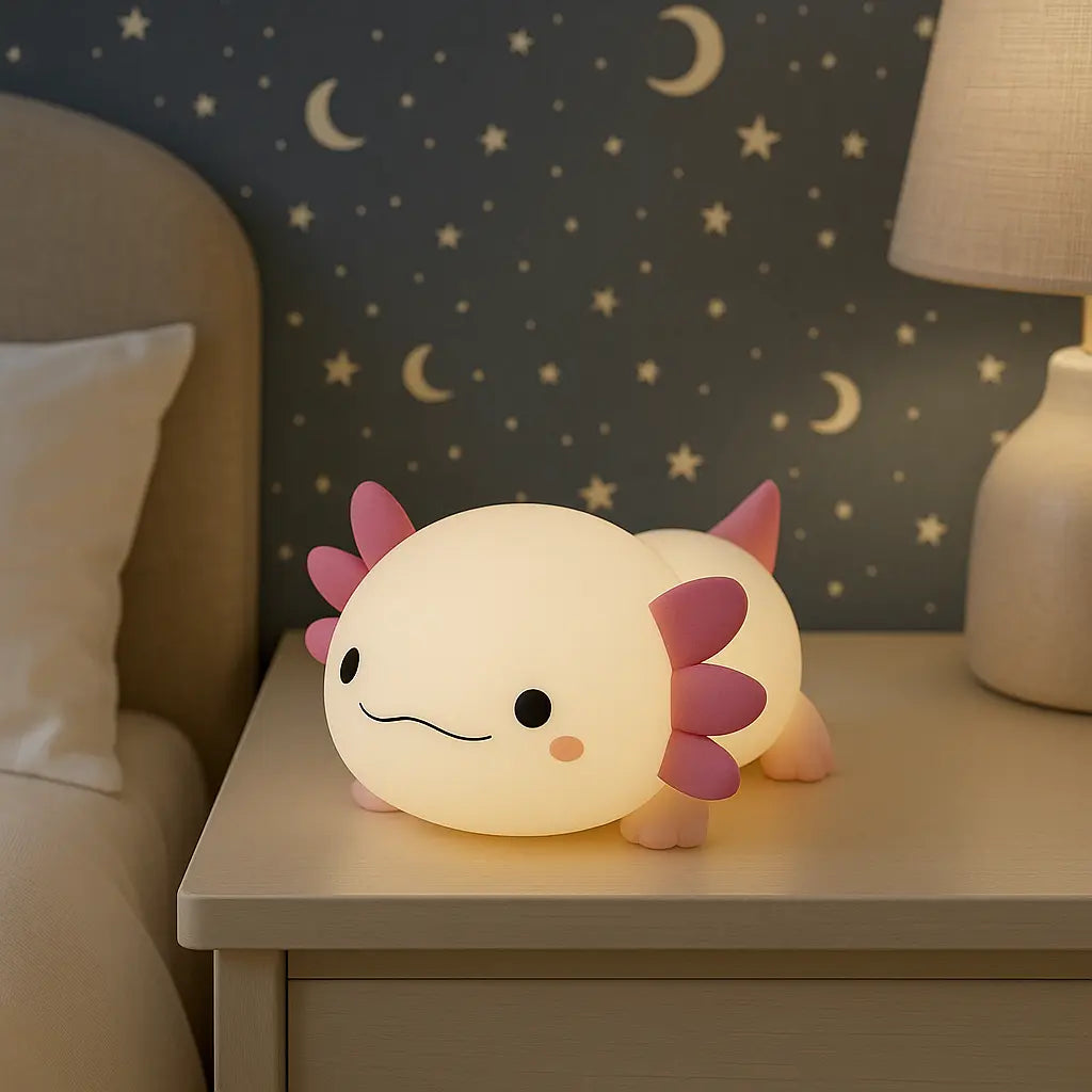 Veilleuse axolotl éteinte posée sur table de chevet dans chambre d’enfant avec décor étoilé