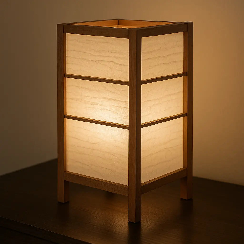 Lampe de chevet japonaise en papier washi avec structure en bois – ambiance zen et design traditionnel.