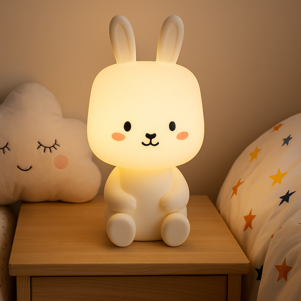  Lampe de chevet pour enfant en forme de lapin, diffusant une lumière douce et rassurante dans une chambre d’enfant au style ludique.