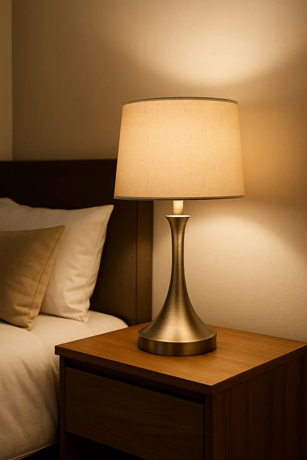 Lampe de chevet élégante avec abat-jour en tissu beige, posée sur une table en bois dans une chambre adulte à l’ambiance chaleureuse.