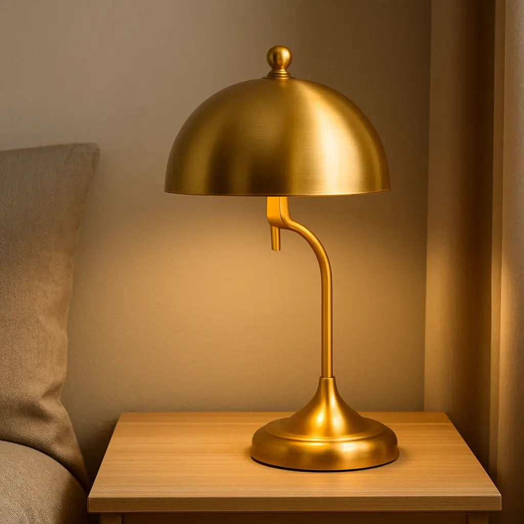 Lampe de chevet dorée élégante avec pied en métal brillant et abat-jour clair, posée dans une chambre chic et chaleureuse.