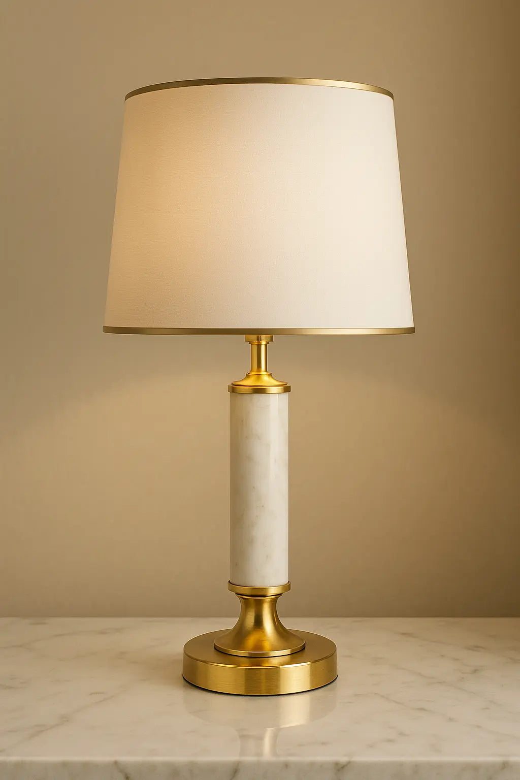 Lampe de chevet luxe avec abat-jour doré et base en marbre, idéale pour une décoration intérieure haut de gamme et sophistiquée.