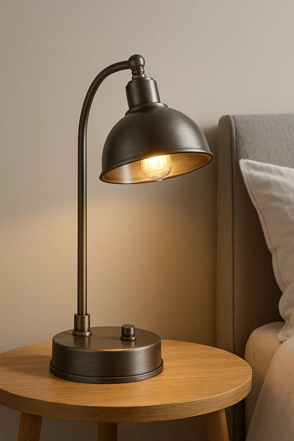 Lampe de chevet en métal design posée sur une table moderne, idéale pour un éclairage élégant et industriel dans une chambre contemporaine.